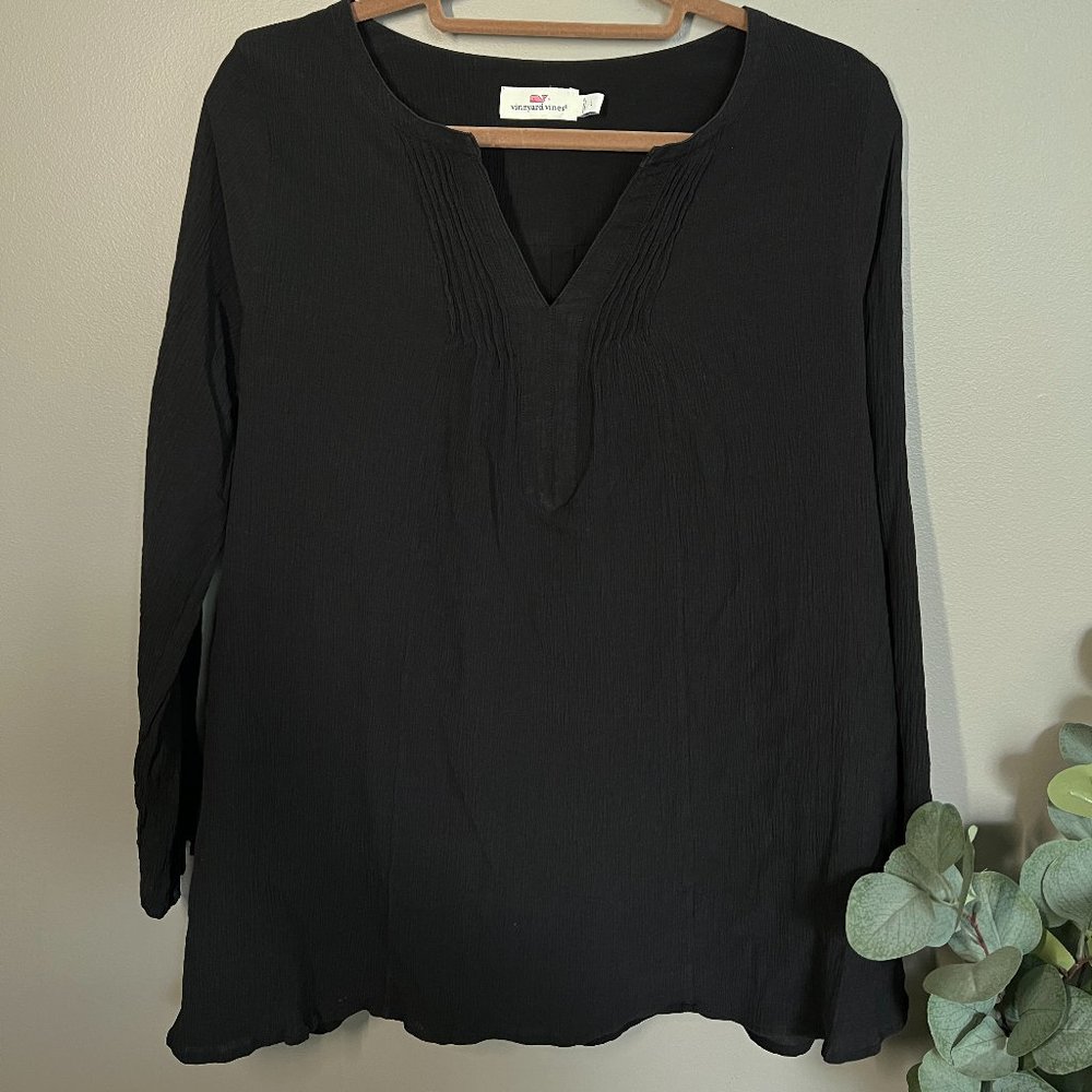 Vineyard Vines Silk Blend Solid Pintuck Split Neck Black Long Sleeve Blouse